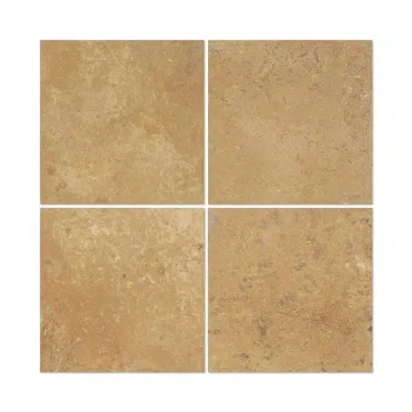 Four square beige Noce Travertine tiles in polished or honed finish