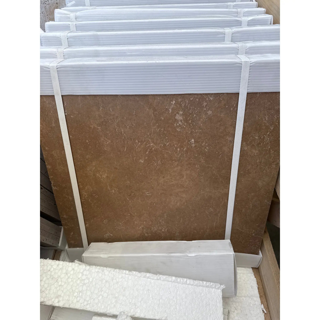 Stacked brown travertine tiles for Noce Brown Travertine 18X18 product display