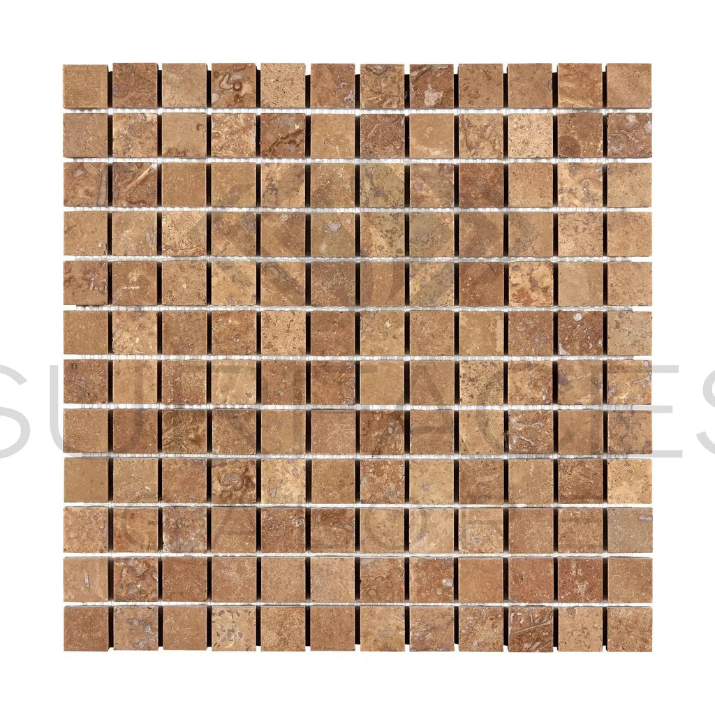 Square mosaic tile sheet of Noce Travertine 1X1 filled and honed for elegant surfaces