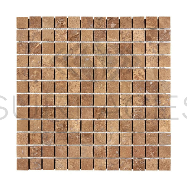 Square mosaic tile sheet of Noce Travertine 1X1 filled and honed for elegant surfaces