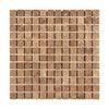 Square mosaic tile sheet of Noce Brown Travertine 1X1 filled and honed design