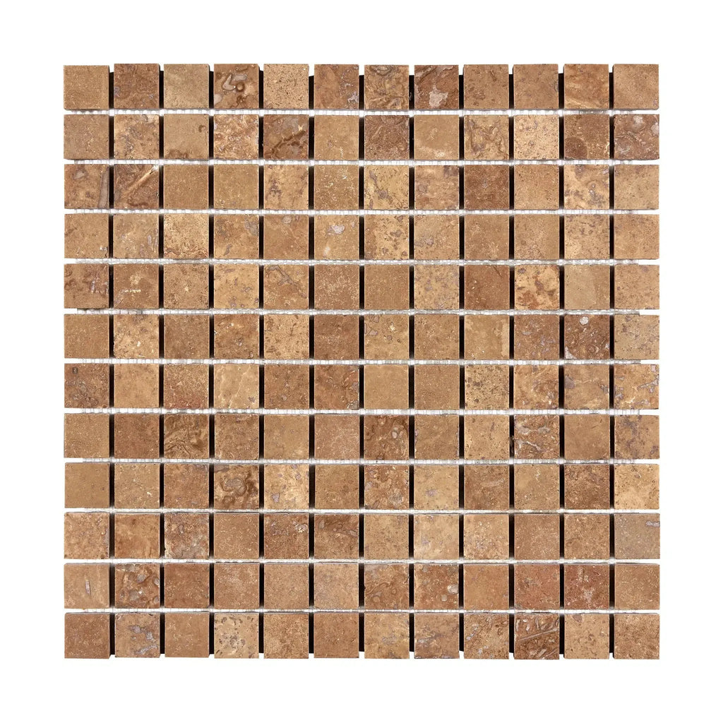 Square mosaic tile sheet of Noce Brown Travertine 1X1 filled and honed design