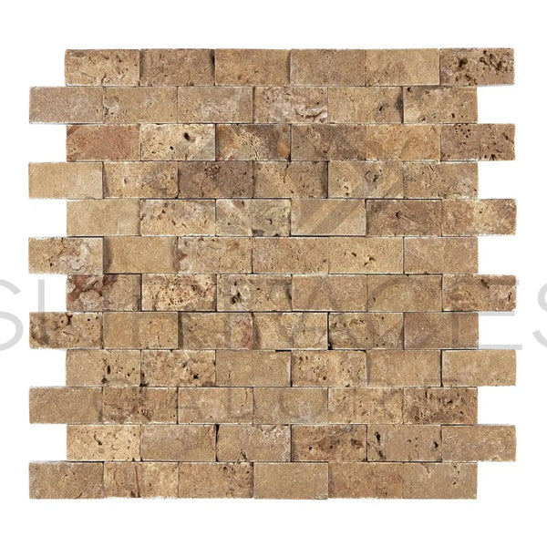 Noce Brown Travertine 1X2 Brick Mosaic Split-Faced tile showcasing intricate design