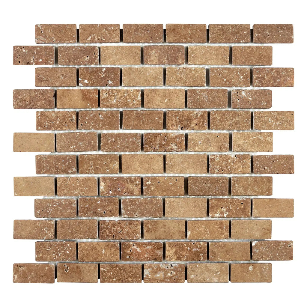 Brown Travertine 1x2 Brick Mosaic Tile Noce Tumbled for elegant interior design