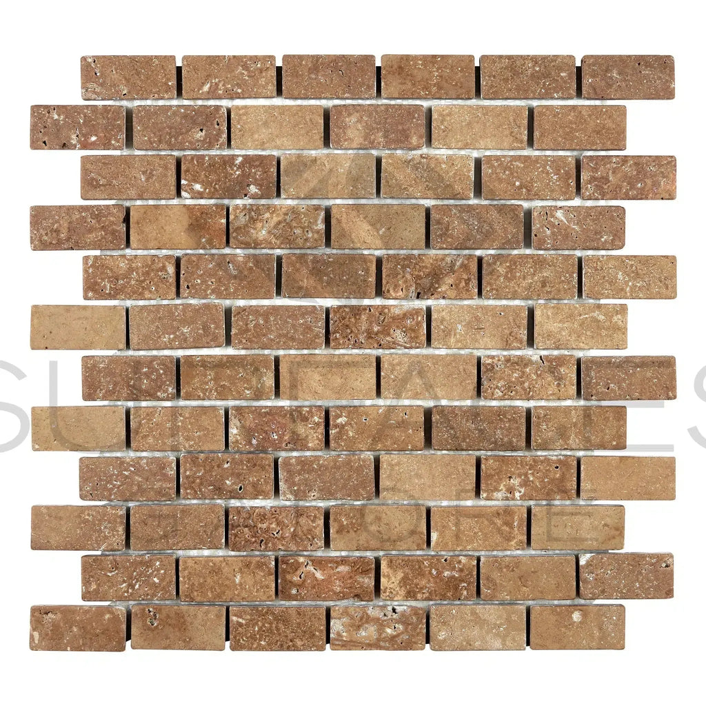 Brick-patterned Noce Travertine 1X2 Mosaic Tile in Tumbled Finish
