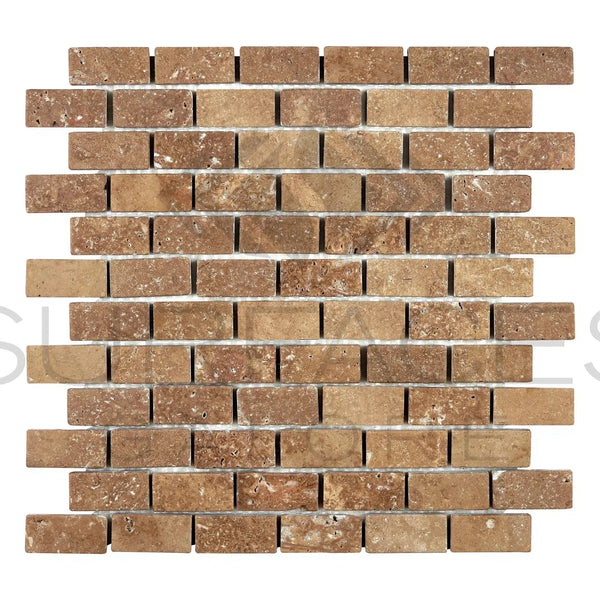 Brick-patterned Noce Travertine 1X2 Mosaic Tile in Tumbled Finish