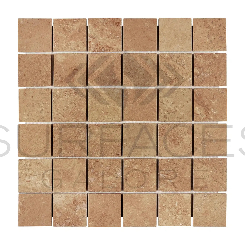 Square travertine mosaic tile sheet in Noce Brown Travertine 2X2 design filled and honed