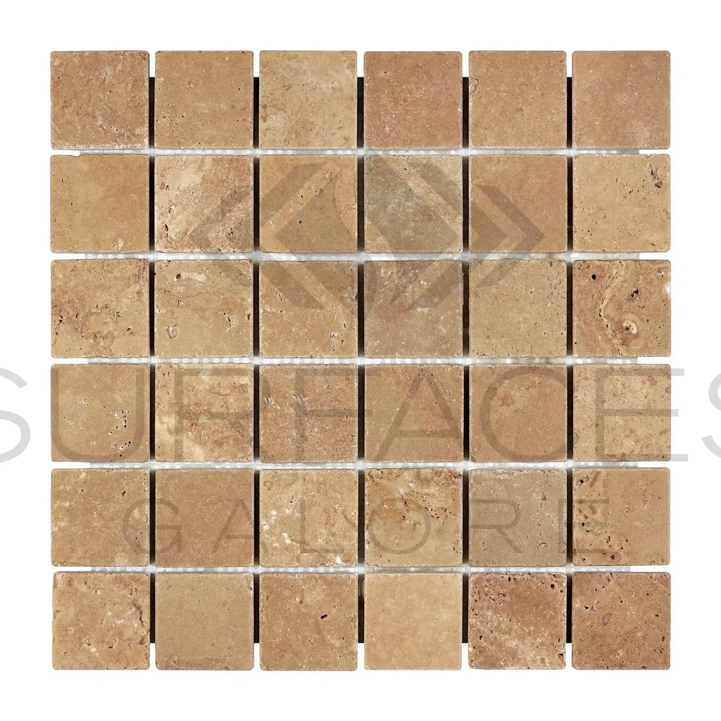 Color Tumbled Rigid Noce Brown Travertine 2X2 Mosaic Tumbled Tile– SurfacesGalore