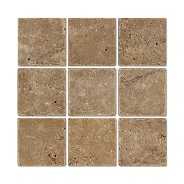 Square travertine tile mosaic of Noce Brown Travertine 4X4 Cross-Cut Tumbled