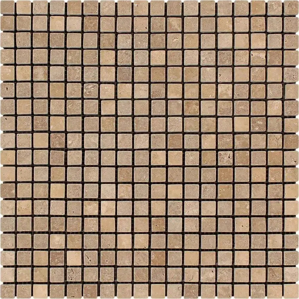Square mosaic tile sheet of Noce Brown Travertine 5/8X5/8 Tumbled design
