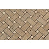 Herringbone pattern of tan and beige tiles in Noce Travertine Basketweave Mosaic