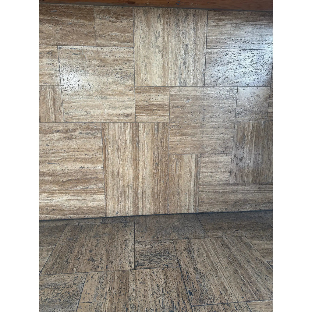 Noce Exotic Vein-Cut Travertine Versailles Pattern Tile Set, Beige Brown Textured