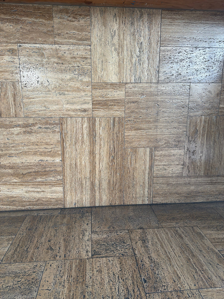 Noce Exotic Vein-Cut Travertine Versailles Pattern Tile Set, Beige Brown Textured