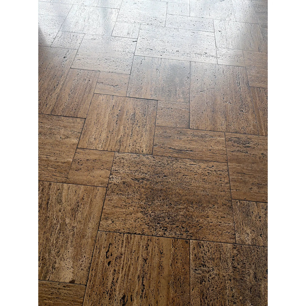 Noce Exotic Vein-Cut Travertine herringbone tiles, brushed unfilled edges