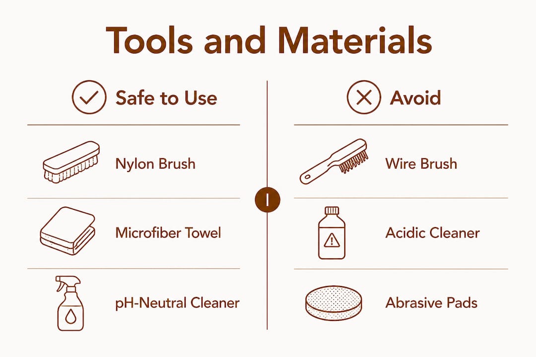 Infographic comparing safe and unsafe marble grout cleaning tools