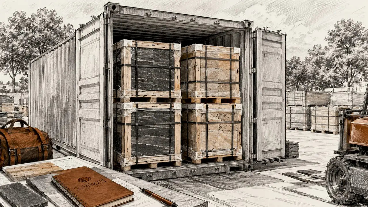 Pallets of natural stone tiles ready for shipping