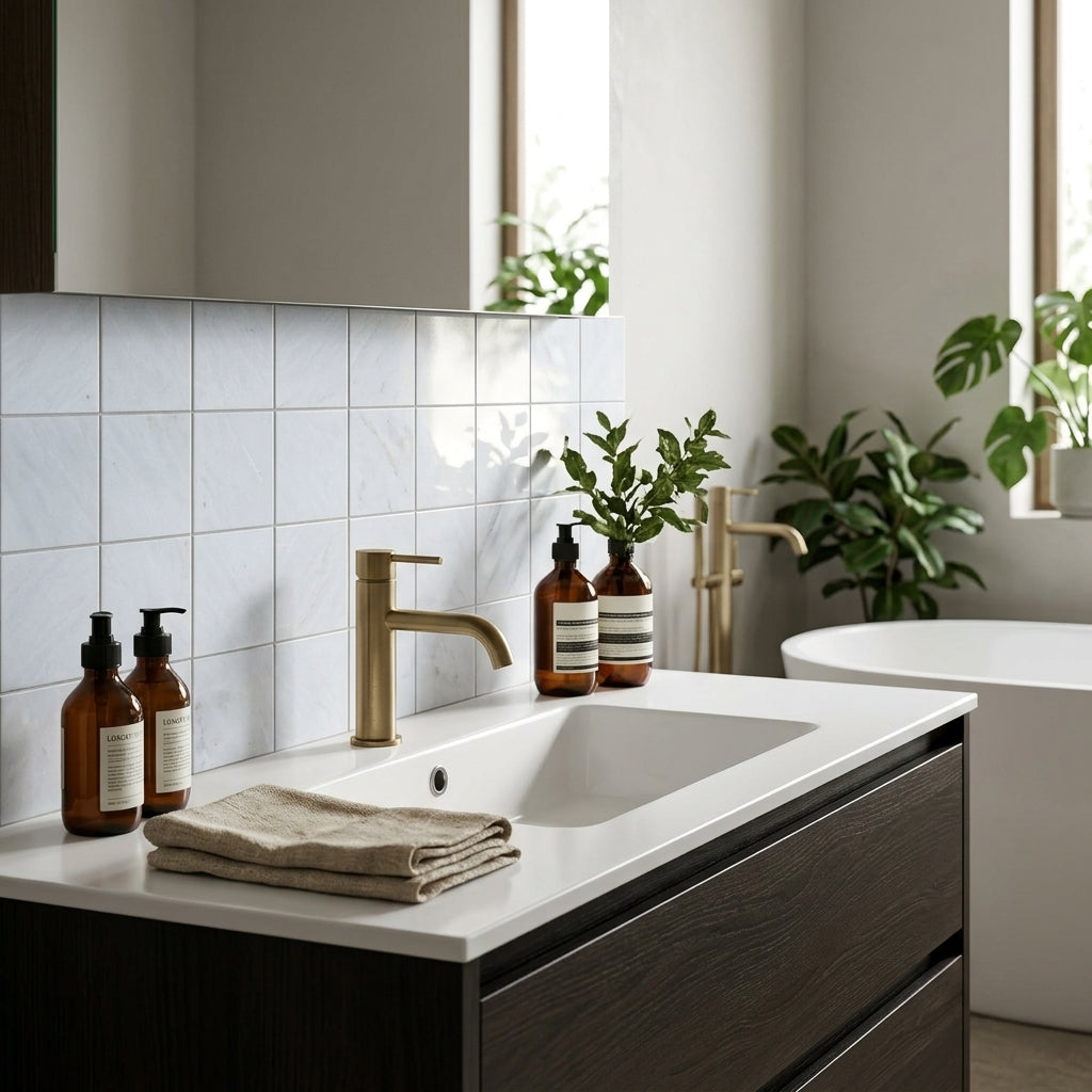 Modern white sink with sleek gold faucet on dark wood cabinet featuring oriental white marble 3x3 mosaic tile