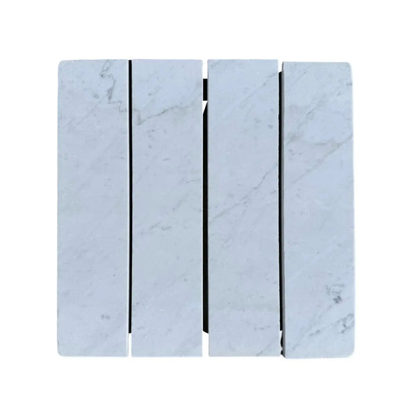 Marble-patterned radiator featuring Oriental White 3’’ X 12’’ Field Tile design
