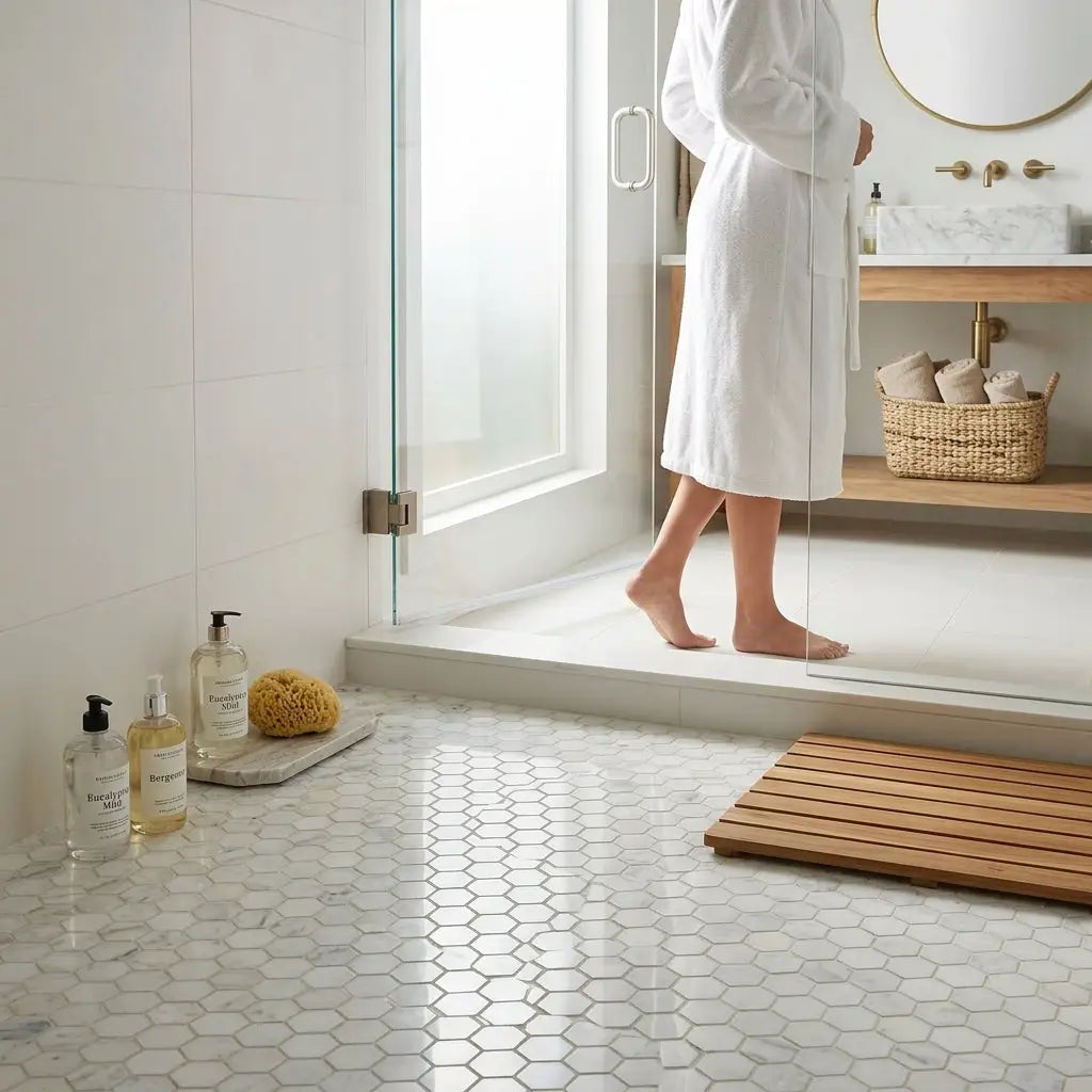 White hexagonal marble mosaic floor tile with veined oriental white asian statuary polished finish