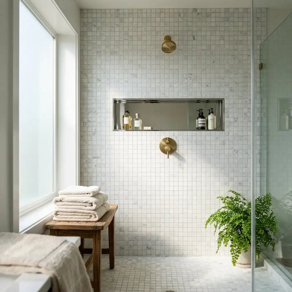 White marble tiled shower wall with built-in metal shelf and brass fixtures showcasing oriental white marble mosaic