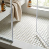 Oriental white asian statuary 1x1 marble mosaic polished tile floor with subtle white grid pattern