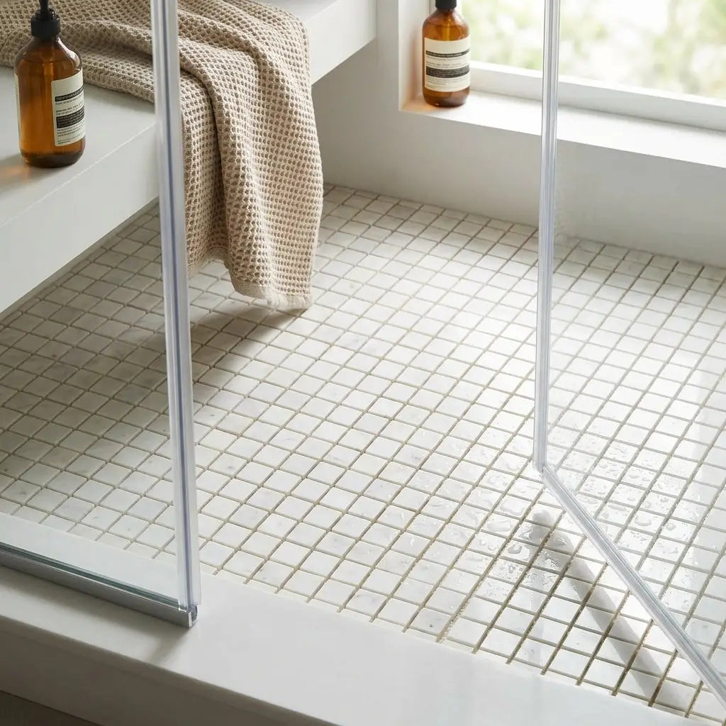 Oriental white asian statuary 1x1 marble mosaic polished tile floor with subtle white grid pattern
