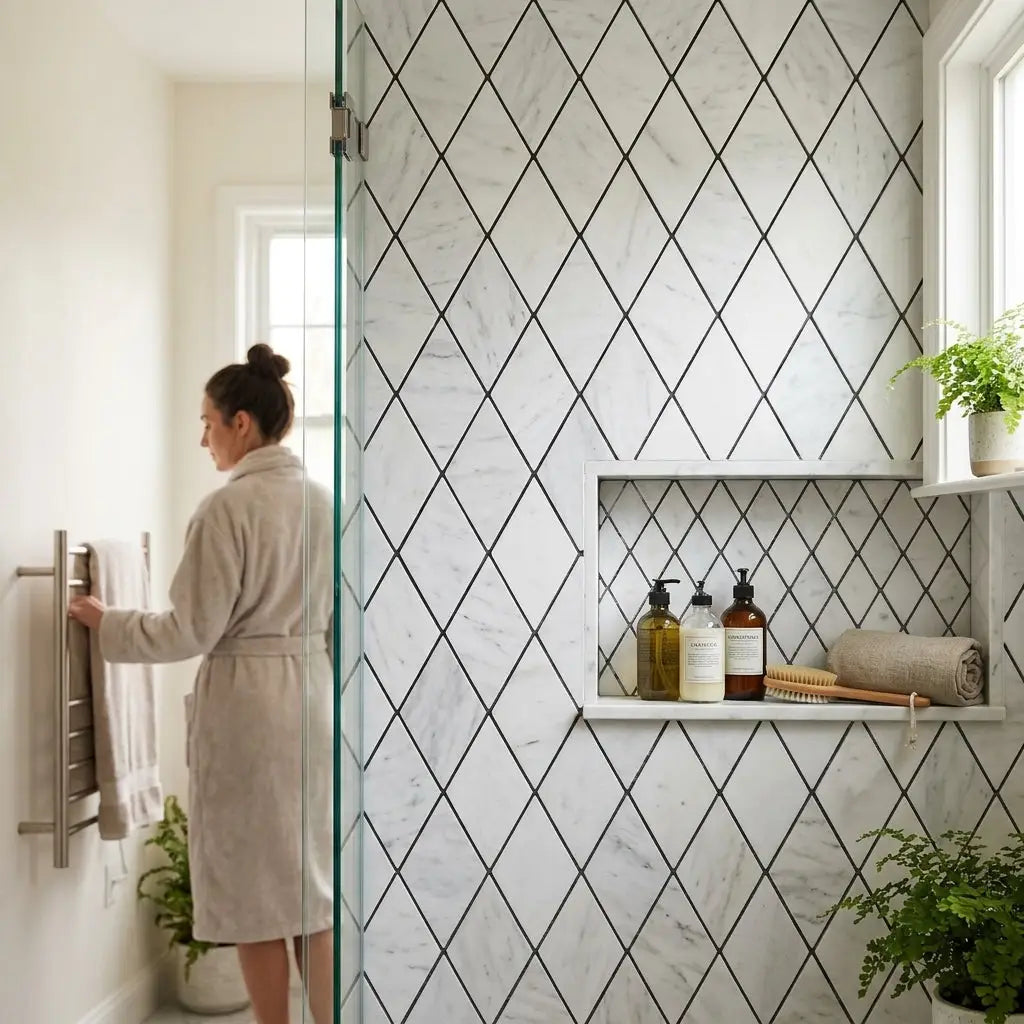 Oriental white asian statuary marble mosaic with white tiles and black diamond grout lines on shower wall