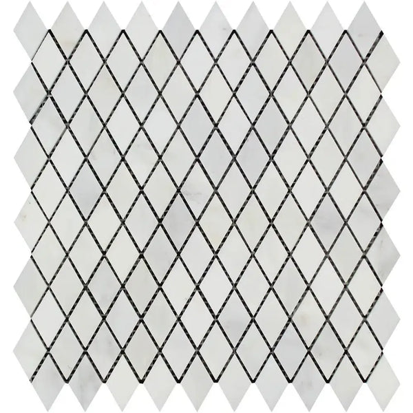 White Diamond Mosaic Tile in Oriental White Asian Statuary Marble Polished Finish