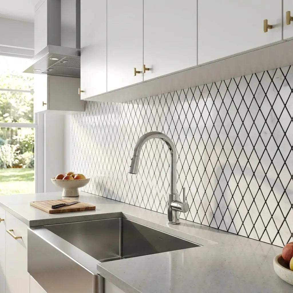 Modern chrome finished kitchen faucet with a sleek curved spout and pull down spray head in oriental white asian statuary marble mosaic