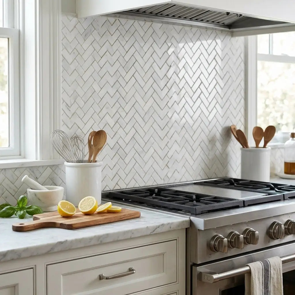 Oriental white asian statuary 1x2 herringbone marble mosaic polished tiles form a modern backsplash behind stainless stove