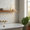 White herringbone tile backsplash made of oriental white asian statuary marble mosaic polished or honed finish