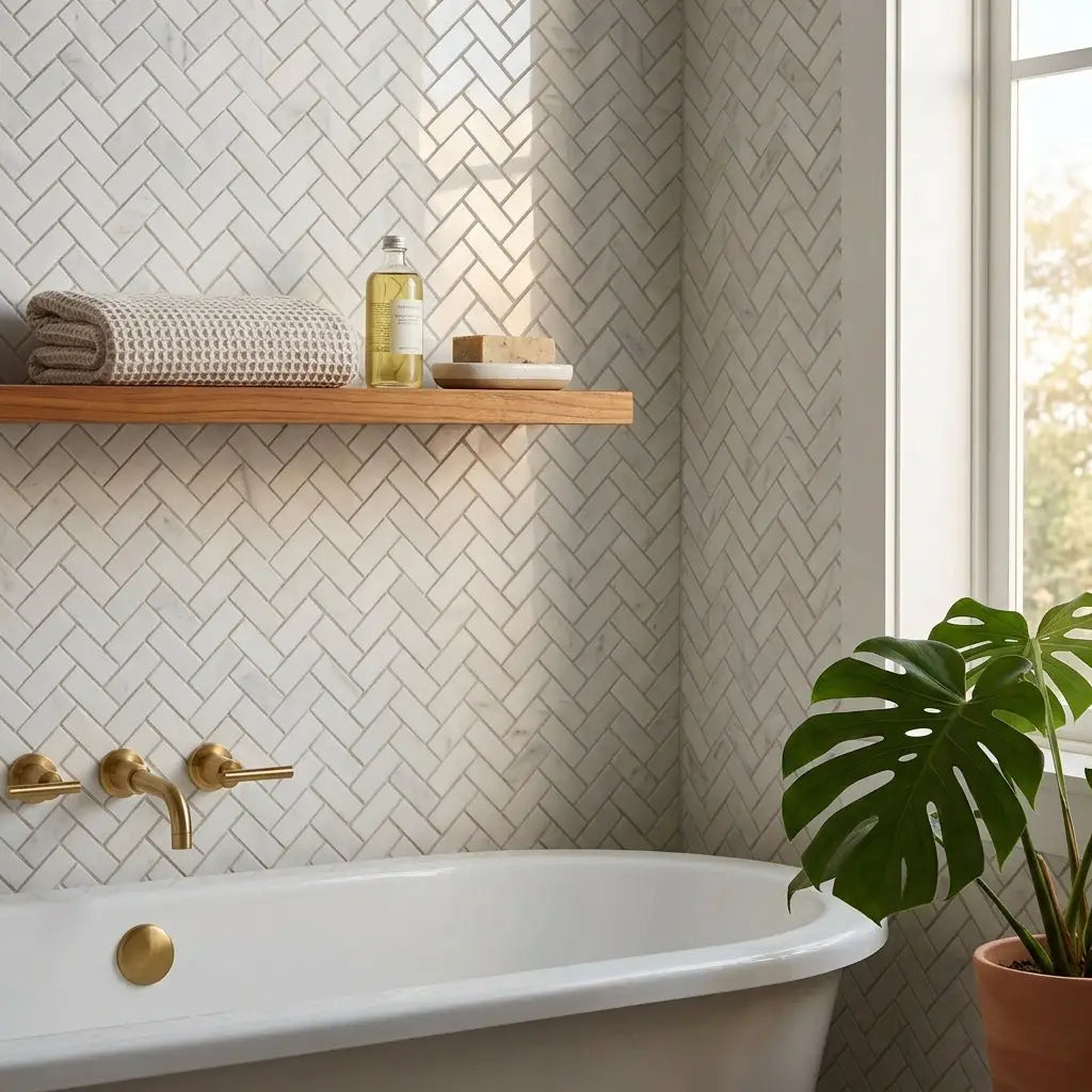 White herringbone tile backsplash made of oriental white asian statuary marble mosaic polished or honed finish