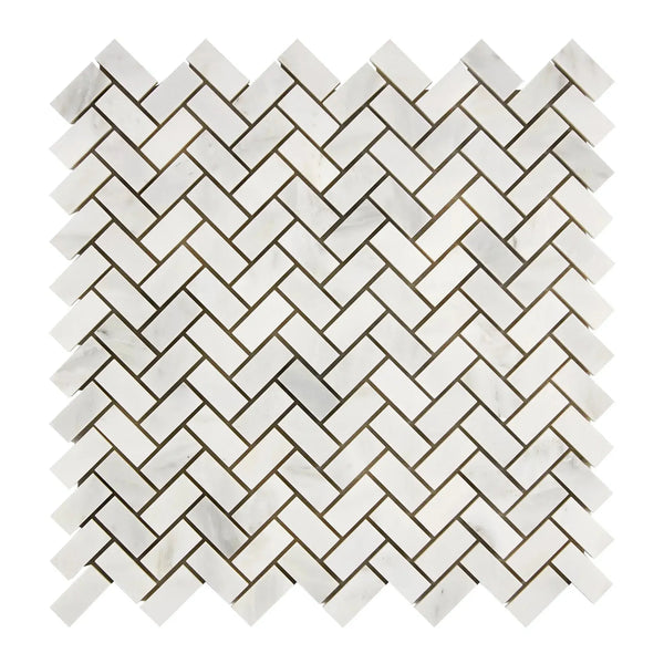 White herringbone mosaic tile in Oriental White Asian Statuary marble design