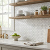 Oriental white asian statuary 1x2 marble mosaic polished backsplash with white subway tile and subtle gray veining