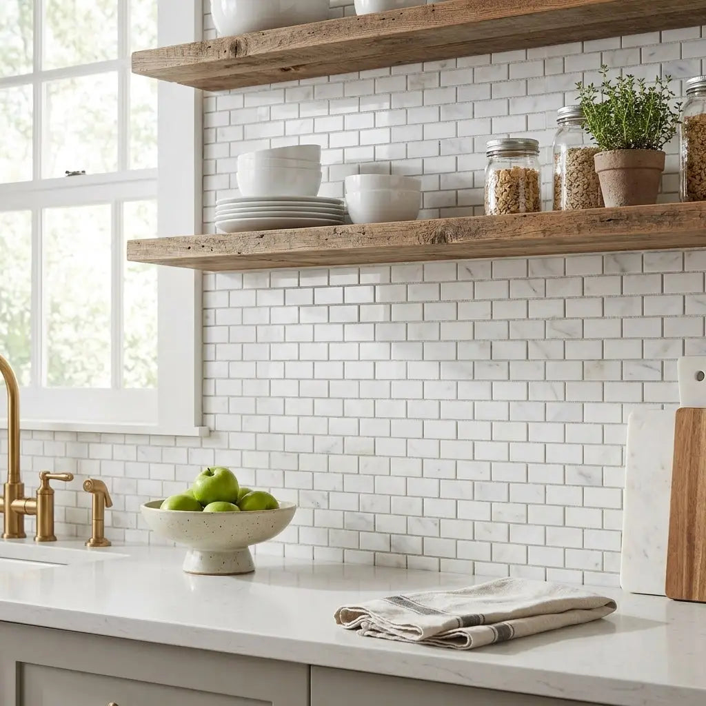 Oriental white asian statuary 1x2 marble mosaic polished backsplash with white subway tile and subtle gray veining