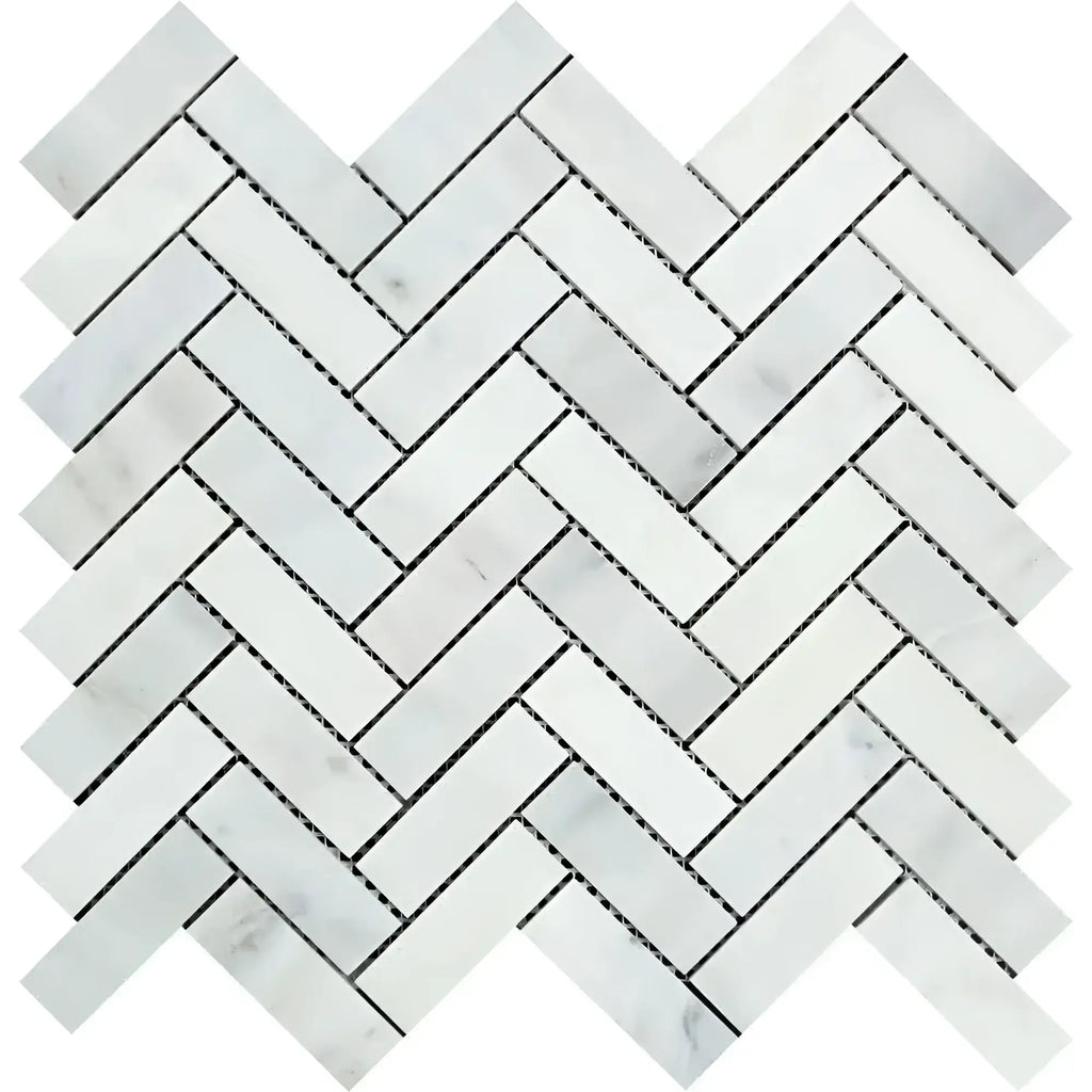 White marble herringbone tile from Oriental White Asian Statuary 1X3 mosaic collection
