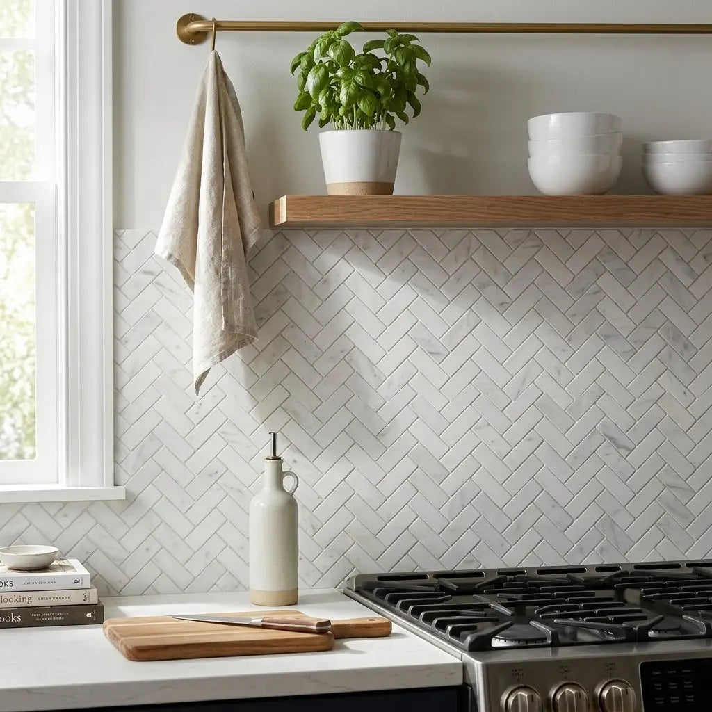 Oriental white Asian Statuary 1x3 herringbone marble mosaic backsplash with polished or honed finish in white