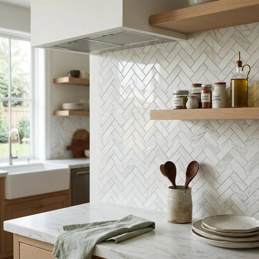White herringbone patterned oriental white asian statuary 1x3 marble mosaic tile backsplash polished or honed