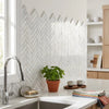 Oriental white asian statuary 1x4 herringbone marble mosaic polished tile backsplash with white pattern