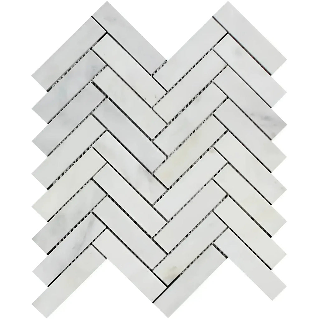 White marble herringbone tile pattern in Oriental White Asian Statuary 1X4 mosaic