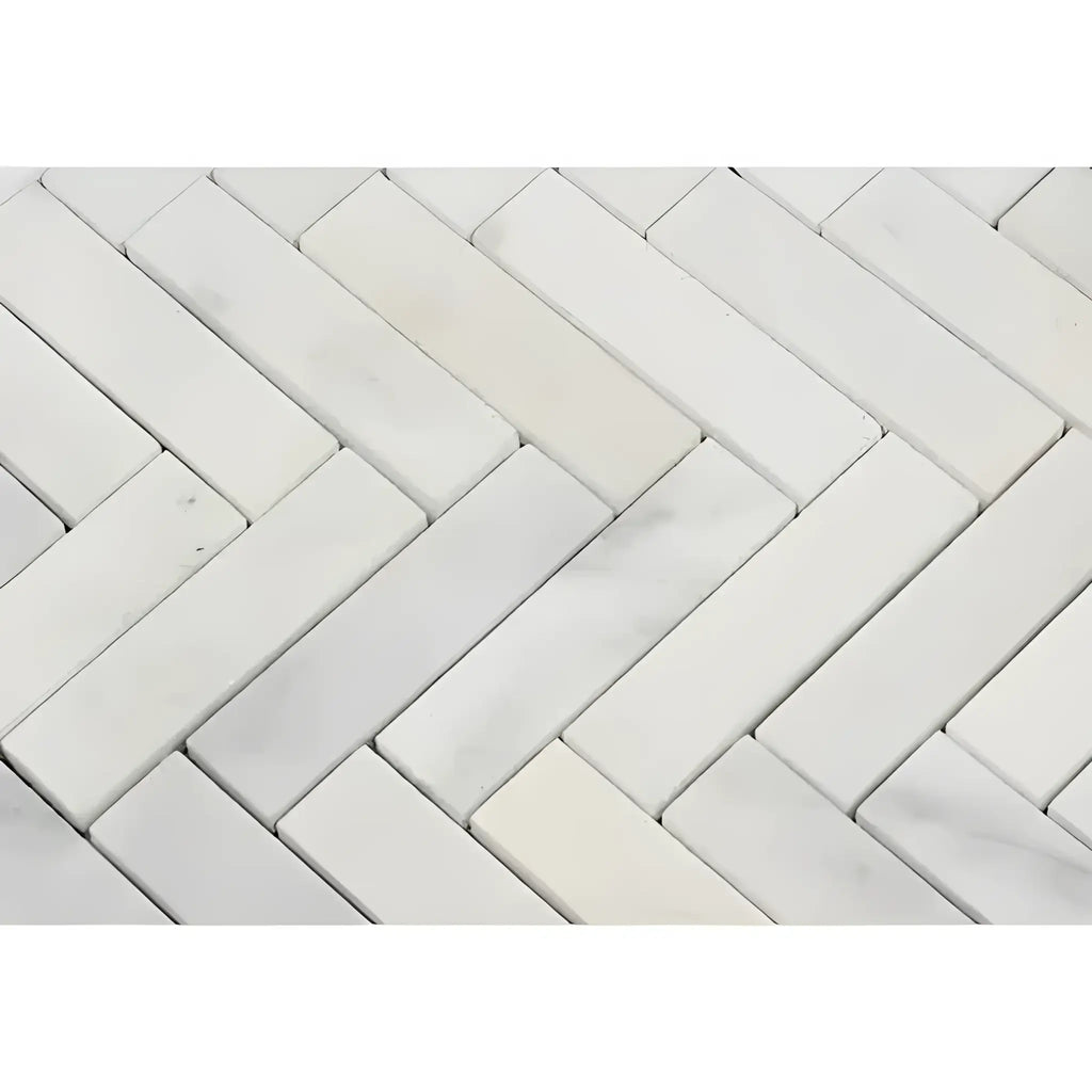 White herringbone tile pattern from Oriental White Asian Statuary marble mosaic