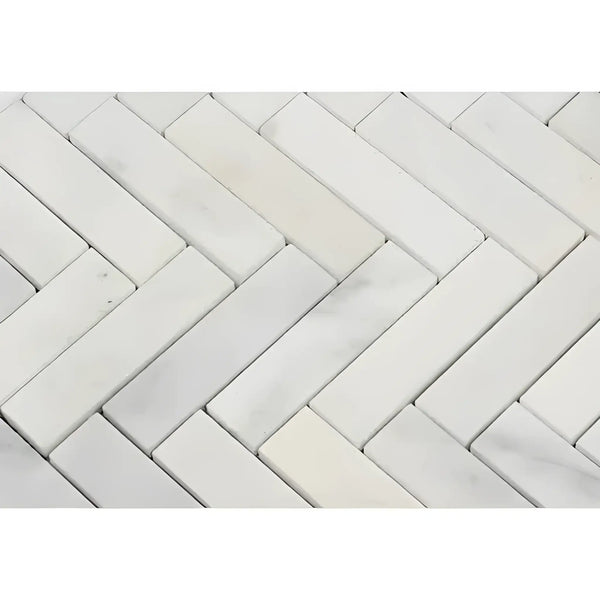 White herringbone tile pattern from Oriental White Asian Statuary marble mosaic