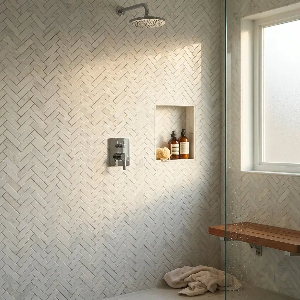 Oriental white asian statuary 1x4 herringbone marble mosaic with white herringbone patterned bathroom tiles matte finish