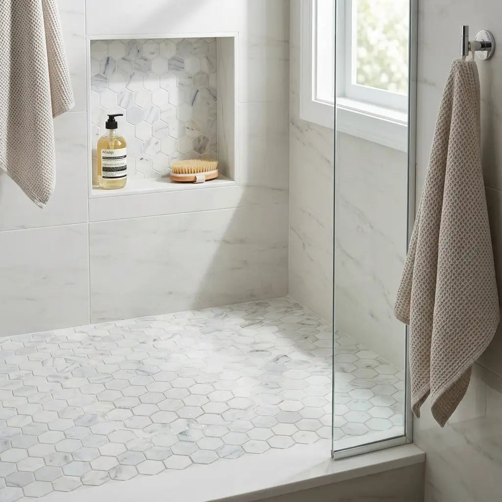 Beige waffle-weave towel hanging on chrome hook against oriental white asian statuary 2 inch hexagon marble mosaic tile