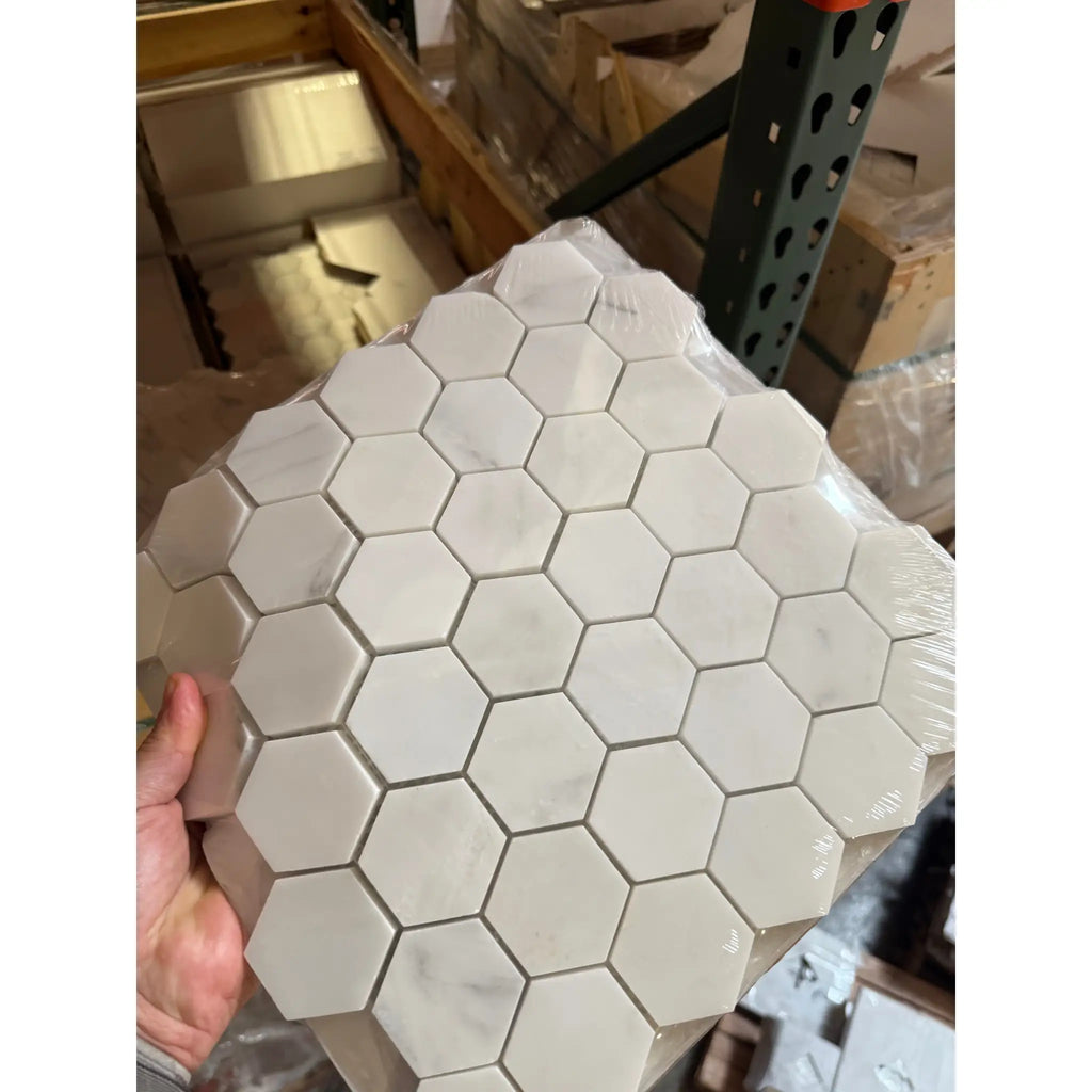 Hexagonal white marble tile sheet from Oriental White Asian Statuary Marble Mosaic