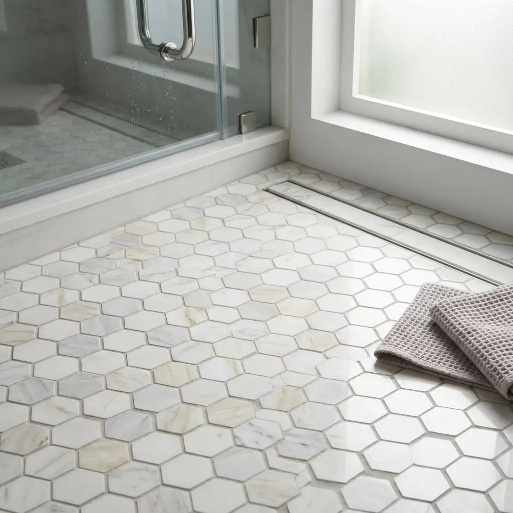 White hexagon marble mosaic tiles in oriental white asian statuary with subtle veining cover the bathroom floor