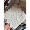 Hexagonal marble tile sheet featuring Oriental White Asian Statuary 2-inch polished mosaic