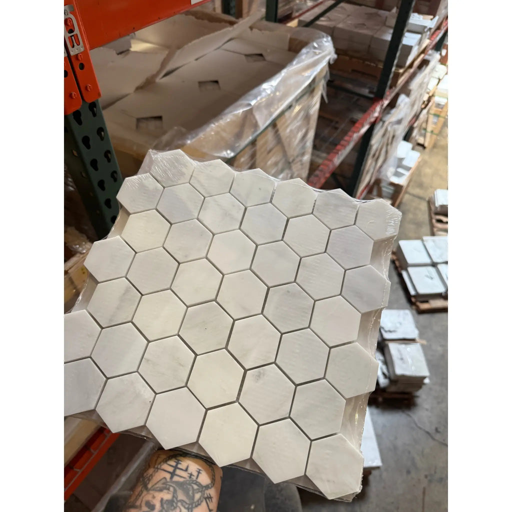 Hexagonal marble tile sheet from Oriental White Asian Statuary mosaic collection