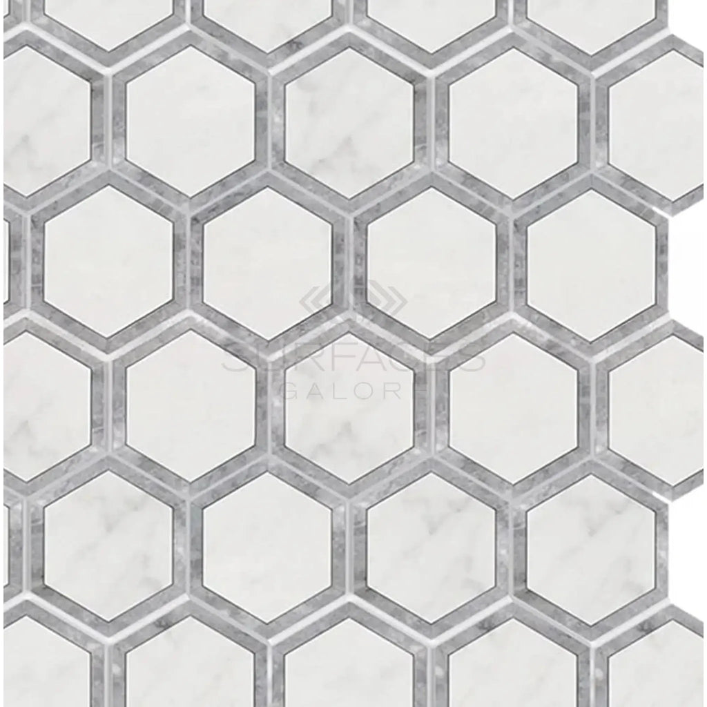 Oriental White And Blue-Gray Marble Hexagonal Tile Mosaic Elegant Design