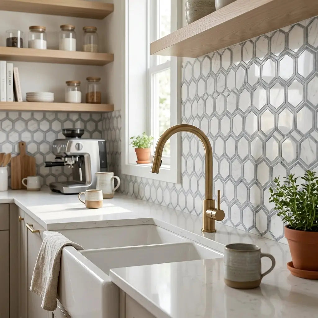 Gold-toned gooseneck faucet with sleek curved spout and polished finish paired with oriental white asian statuary vortex hexagon tile